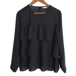 J Jill Womens Long Sleeve Blouse Size M Petite Black Tiered Pleated Ruffled